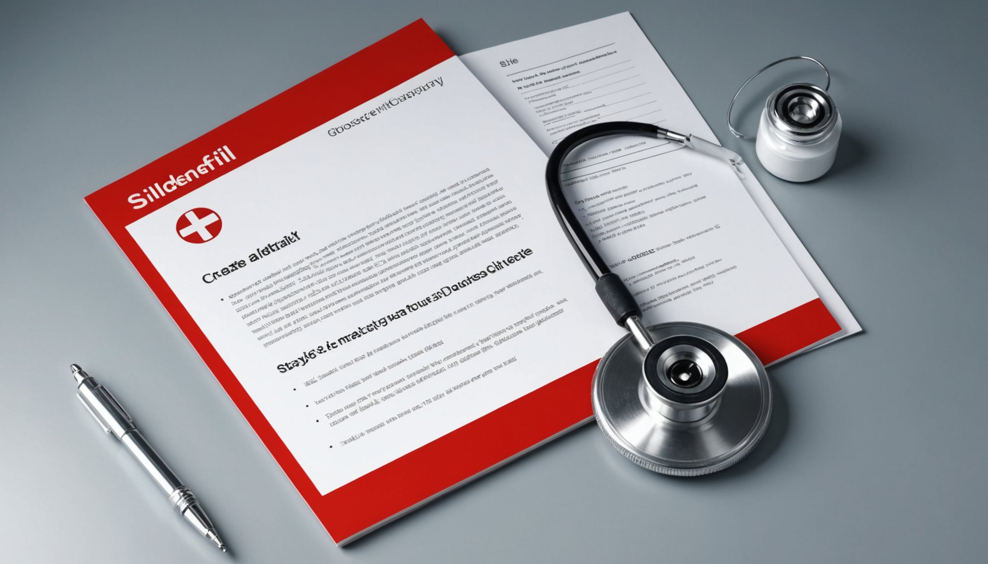 Sildenafil tablets and molecular diagram illustrating blood flow mechanism in erectile dysfunction treatment